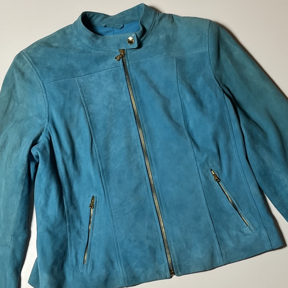 Lauren Ralph Lauren Turquoise Blue Suede Cafe Racer Jacket Size 14 Gold Zip Moto
